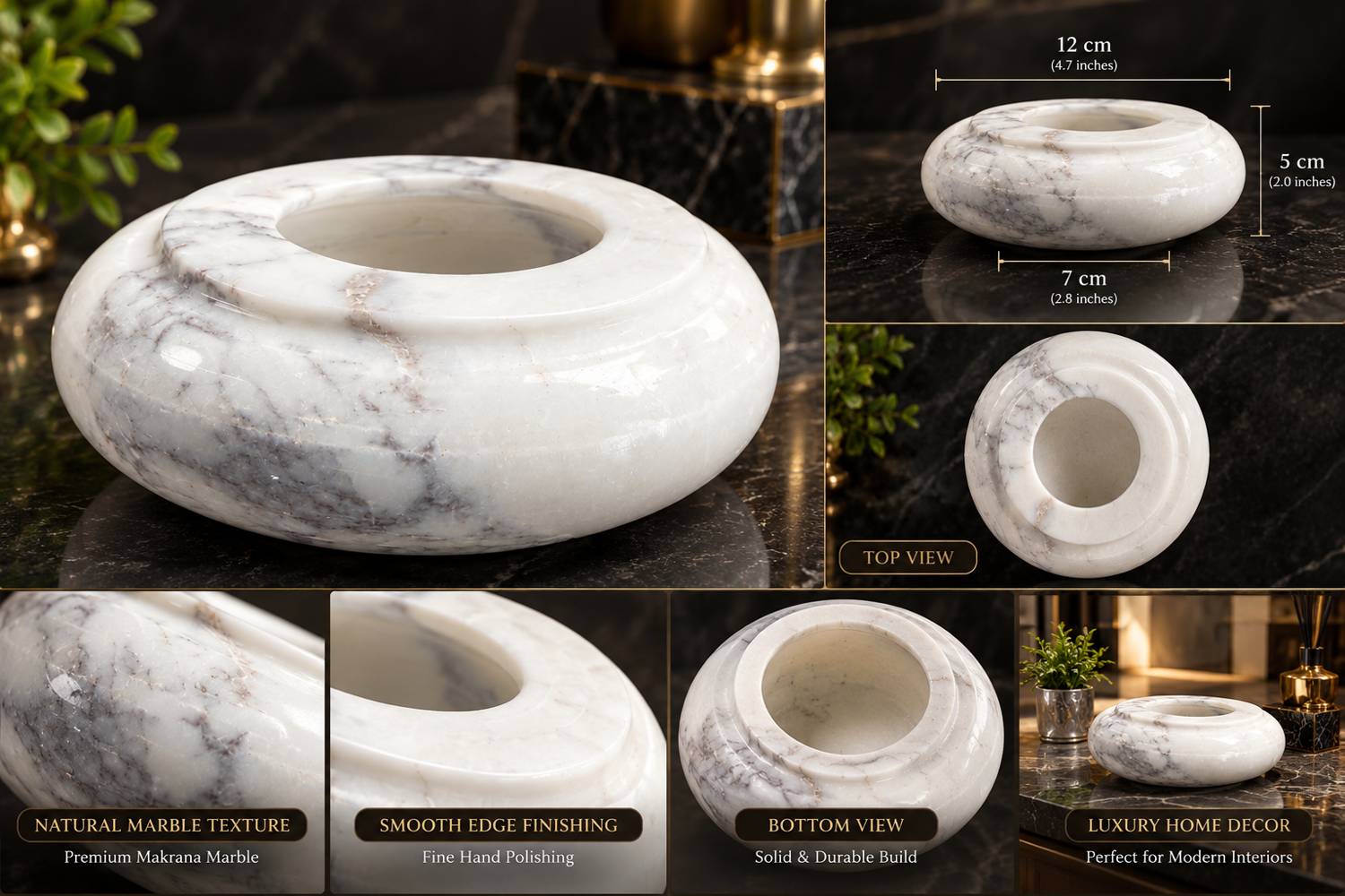 Marble Round Ashtray: Size & details, handcrafted Natural Makrana marble