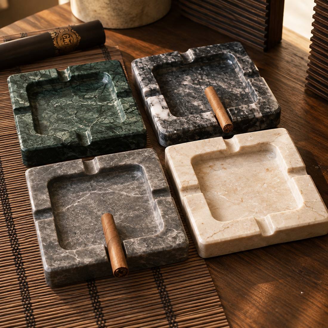 Marble Round Ashtray: In use, handcrafted Natural Makrana marble