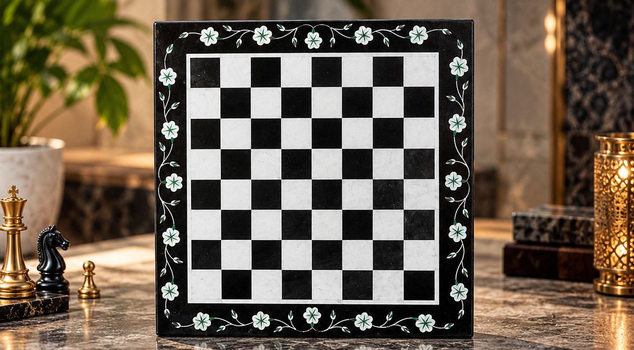 Marble Chess Board with Floral Inlay: handcrafted Black and white marble with inlay