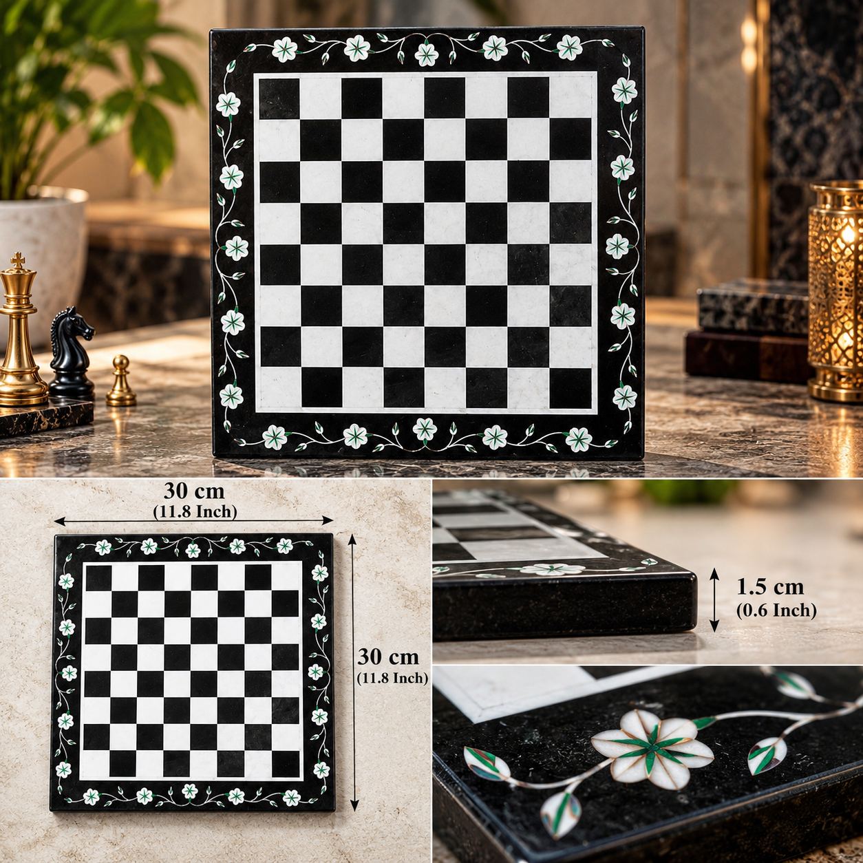Marble Chess Board with Floral Inlay: Size & details, handcrafted Black and white marble with inlay