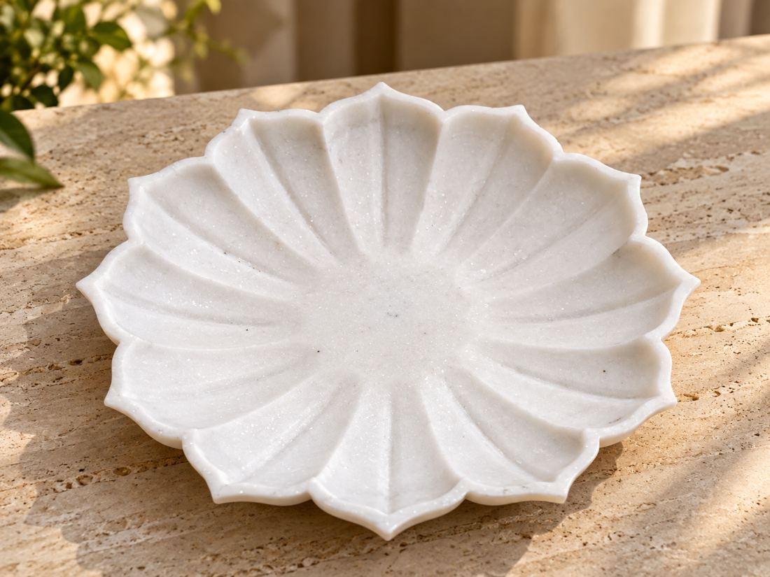 Marble Flower Dish: handcrafted Natural white marble