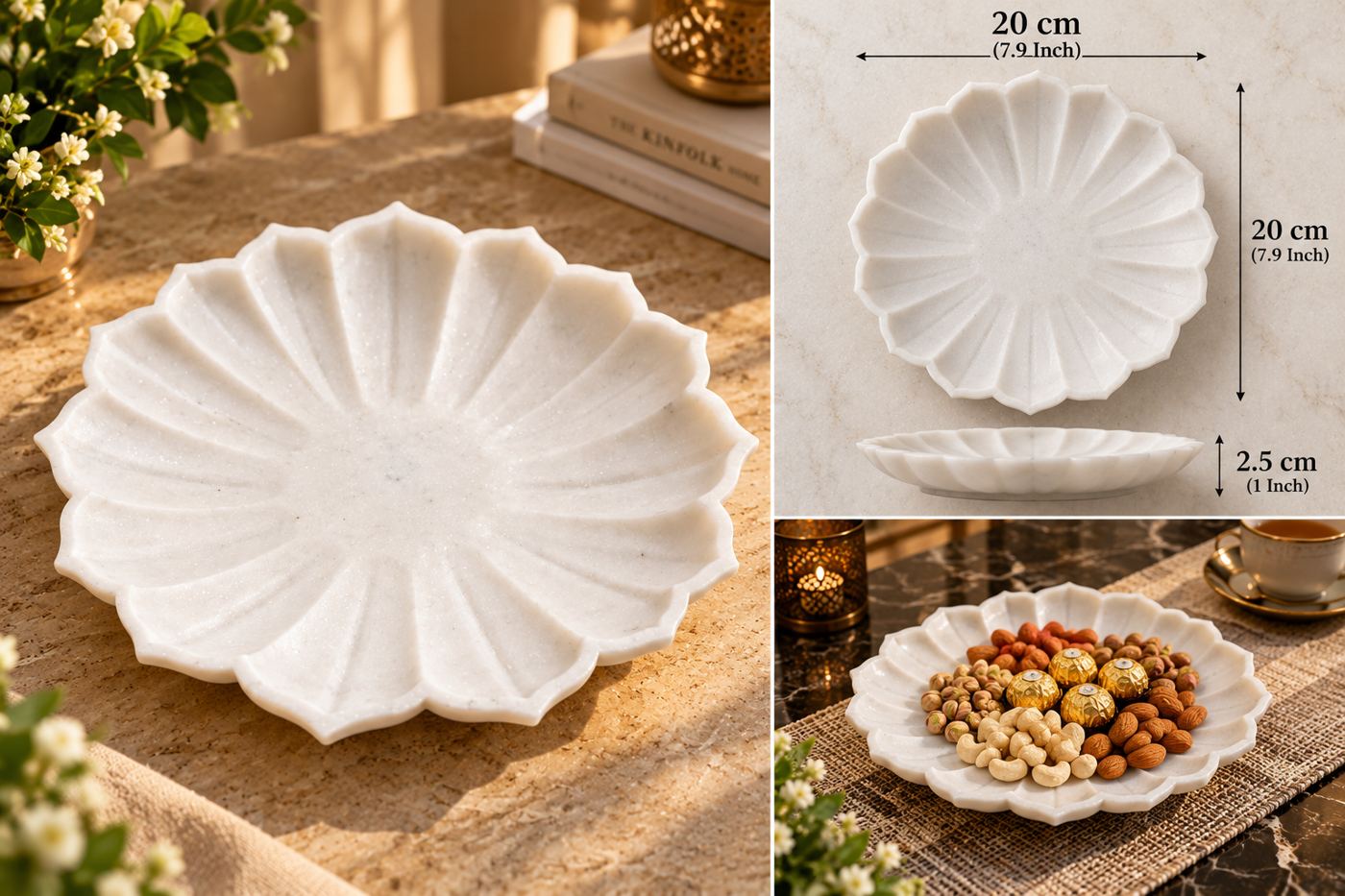 Marble Flower Dish: Size & use, handcrafted Natural white marble