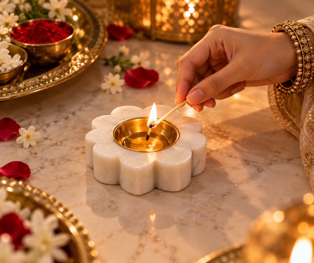 Marble Diya: handcrafted Natural marble with a gold-tone cup