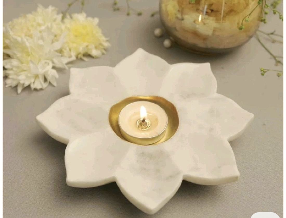 Marble Lotus Diya: handcrafted Natural marble with a gold-tone cup