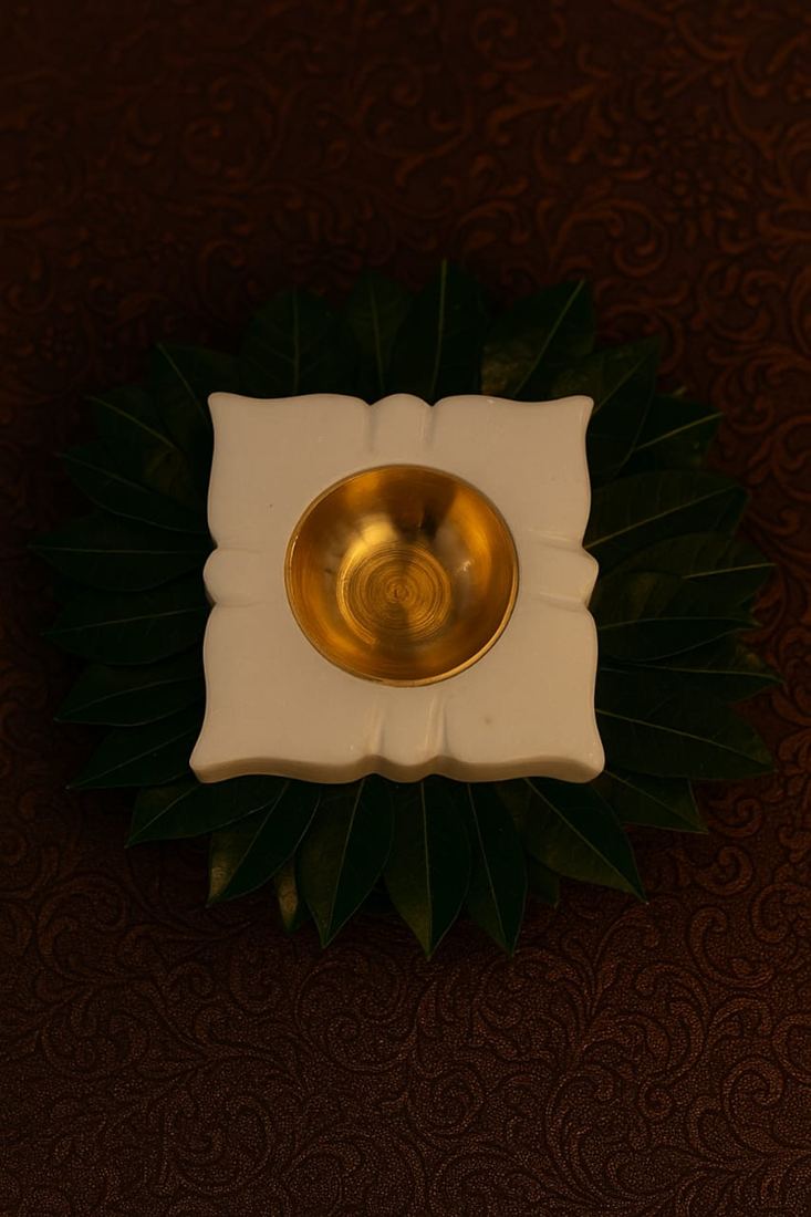 Marble Square Diya: handcrafted Natural marble with a gold-tone cup