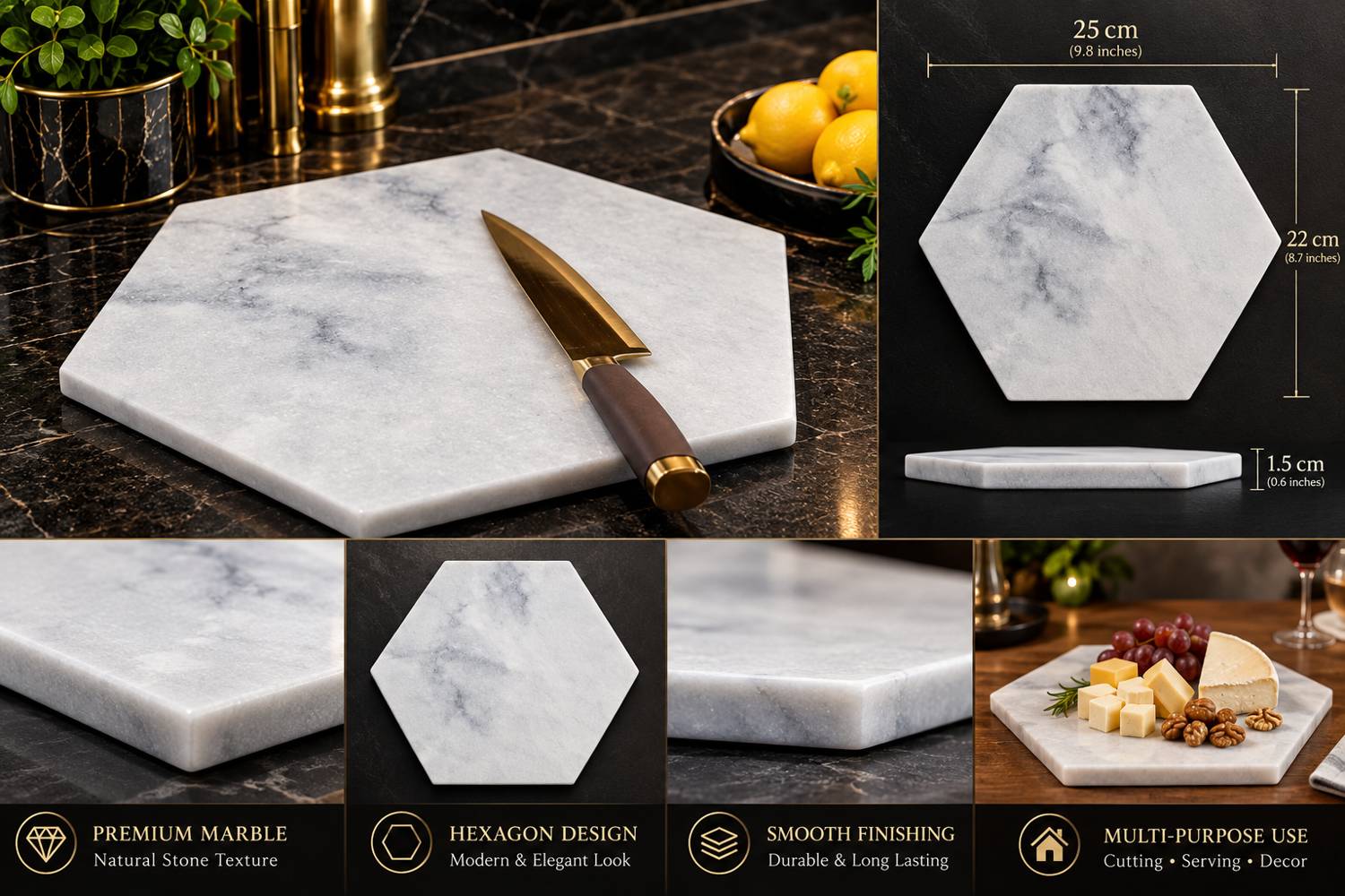 Marble Hexagon Board: Size & use, handcrafted Natural marble