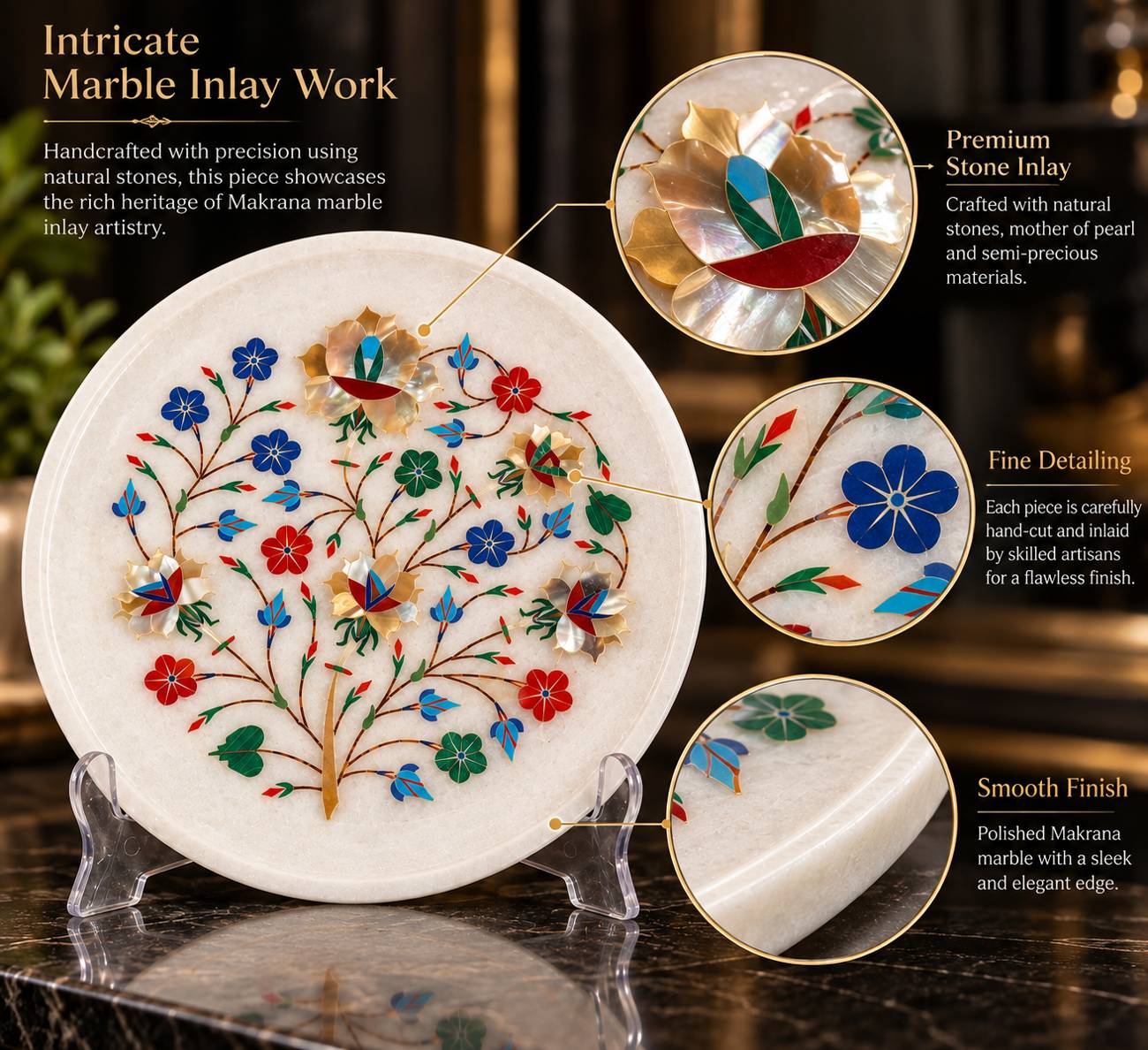 Inlaid Floral Marble Plate: Inlay details, handcrafted Makrana marble with stone inlay