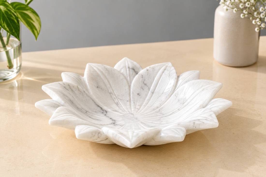 Marble Lotus Bowl: handcrafted Natural Makrana marble