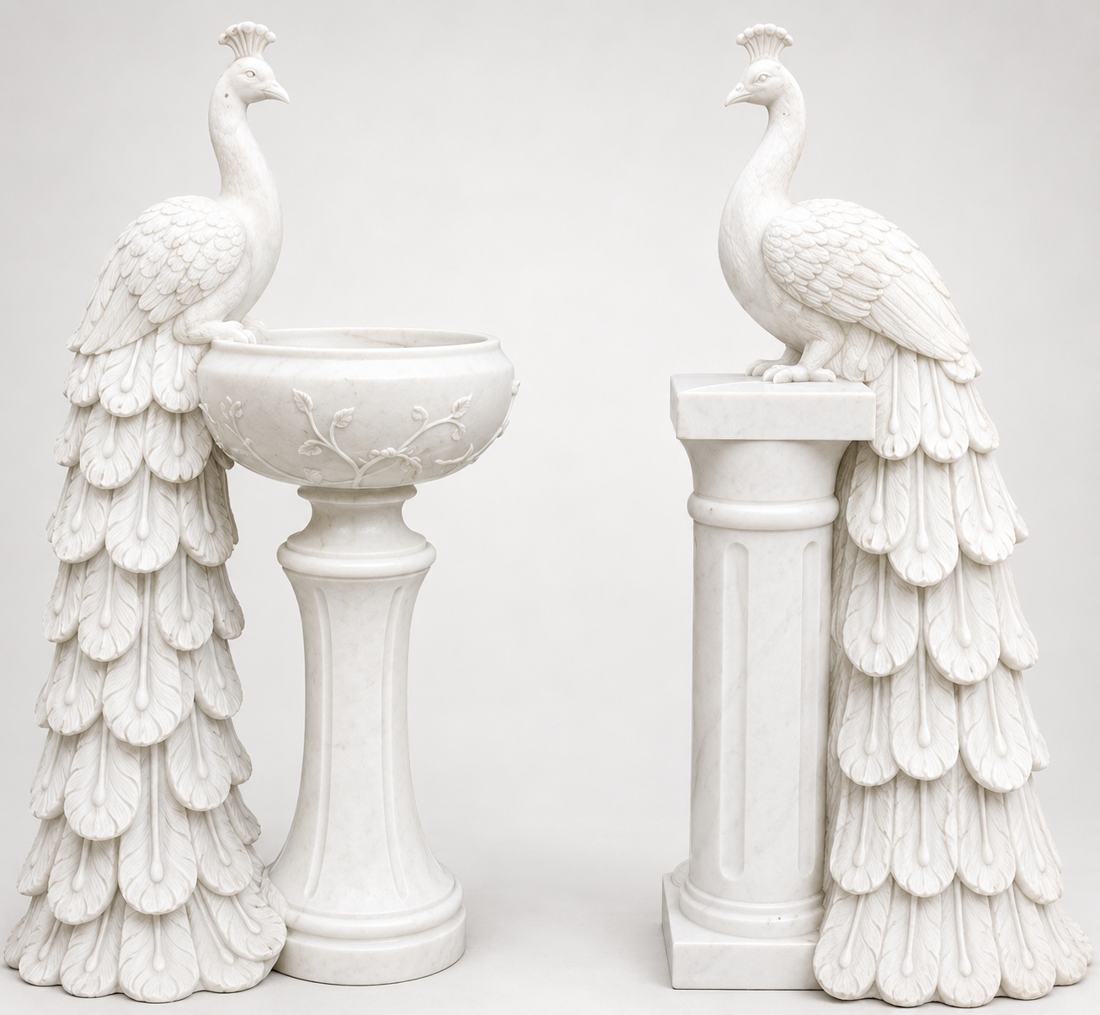 Marble Peacock Statues: handcrafted marble, made to order