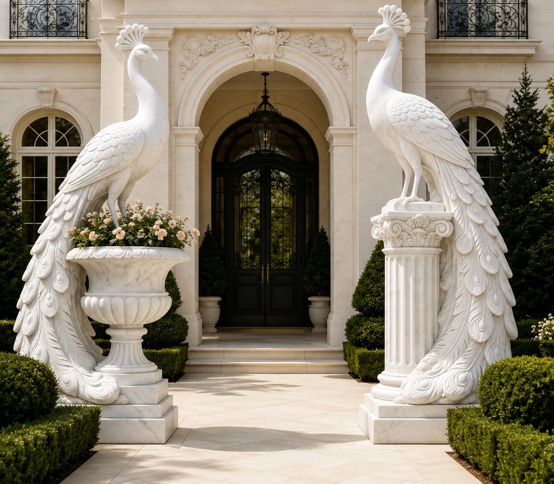 Marble Peacock Statues for Entrances: handcrafted marble, made to order