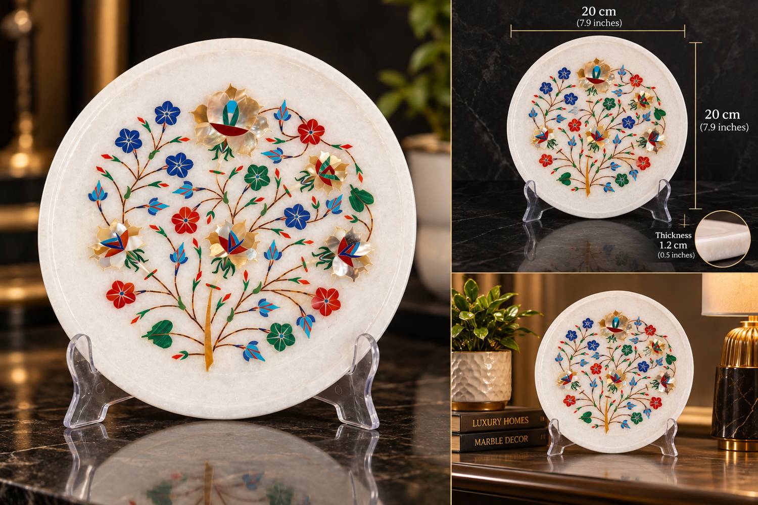 Inlaid Floral Marble Plate: Size & display, handcrafted Makrana marble with stone inlay