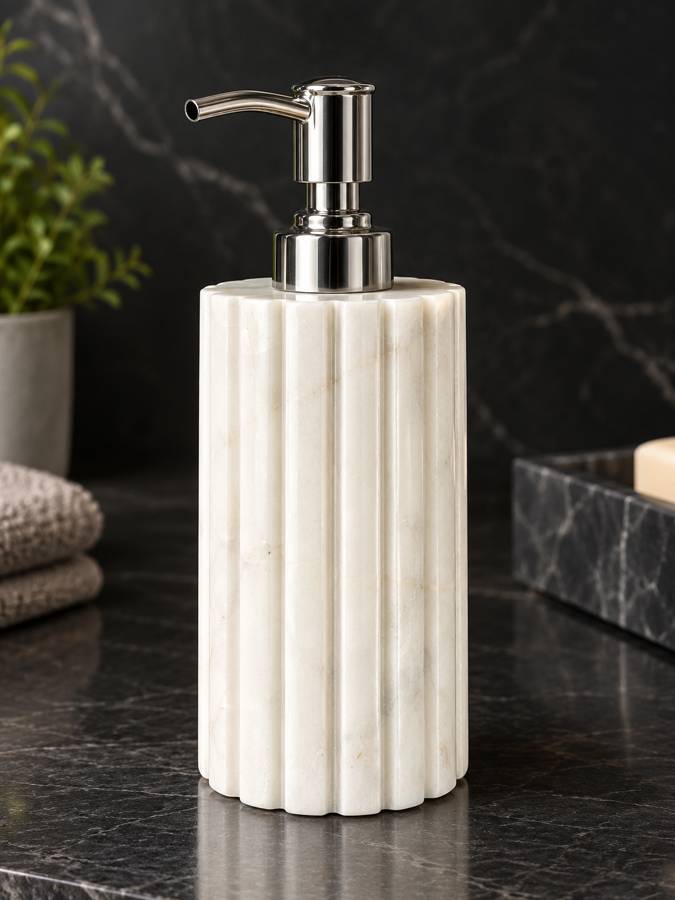 Fluted Marble Soap Dispenser: handcrafted Natural marble, stainless steel pump