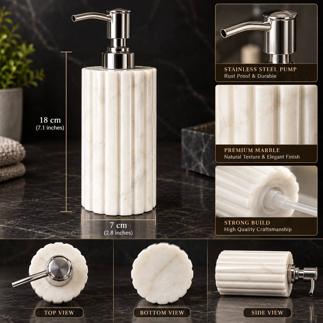 Fluted Marble Soap Dispenser: Size & details, handcrafted Natural marble, stainless steel pump