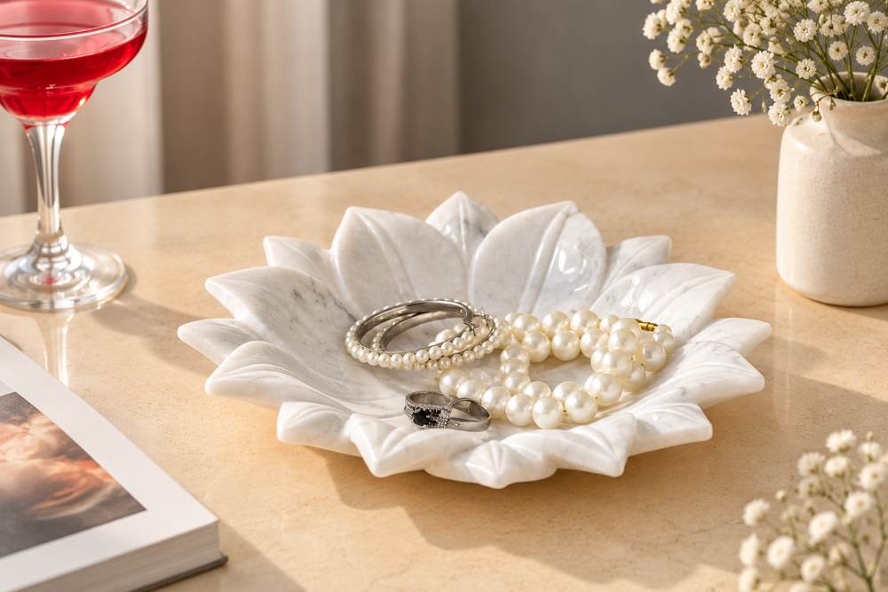 Marble Lotus Bowl: In use, handcrafted Natural Makrana marble
