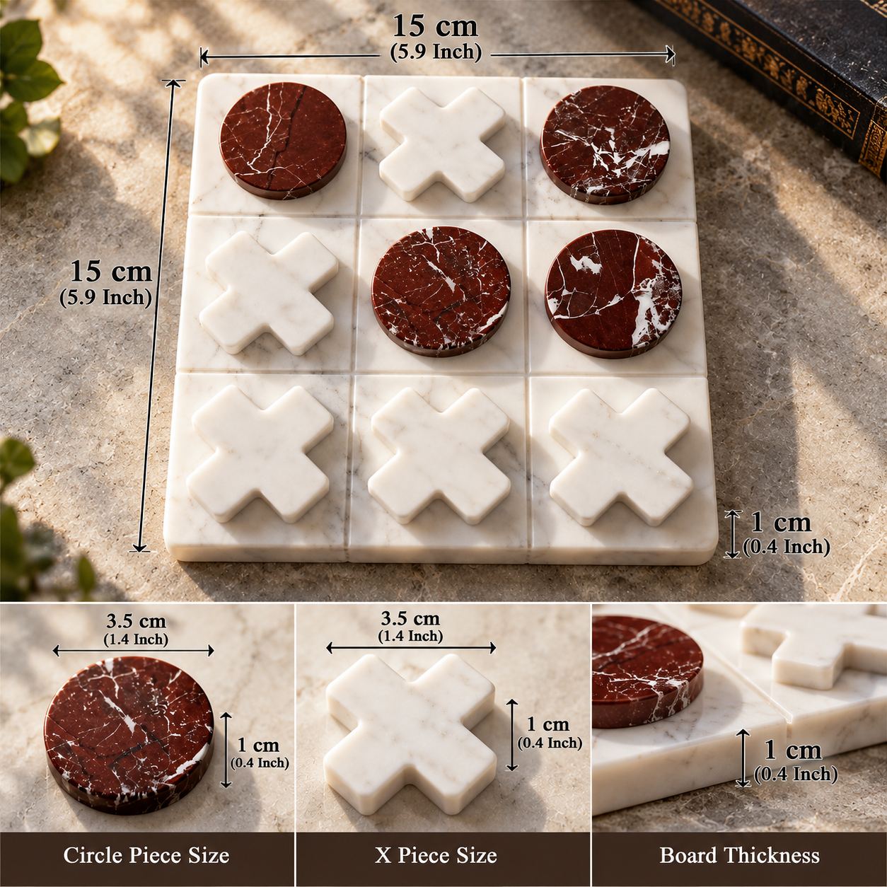 Marble Tic-Tac-Toe Set (Red & White): Size & details, handcrafted Natural marble