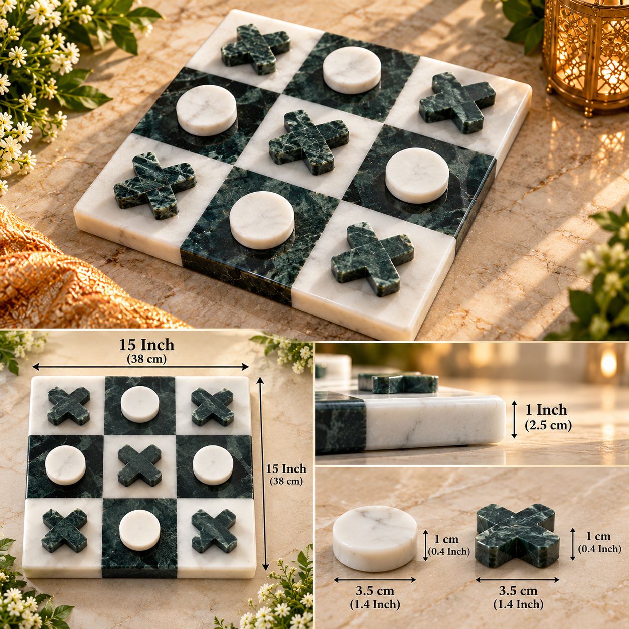 Marble Tic-Tac-Toe Set (Green & White): Size & details, handcrafted Natural marble